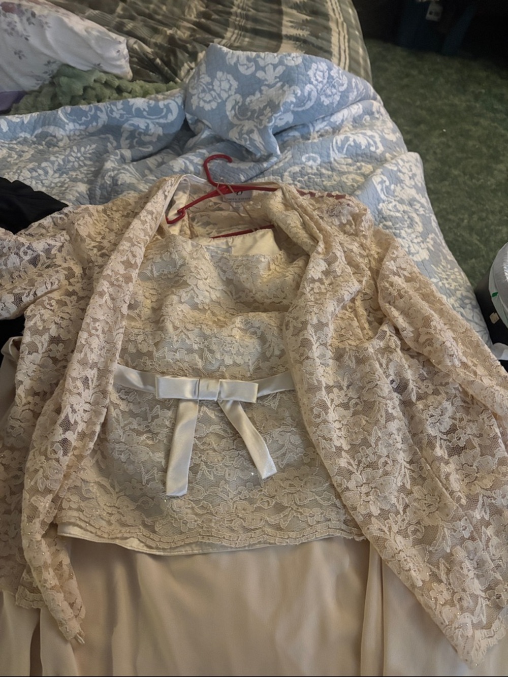 Sandra Darren  3 piece Cream Lace Dress with Satin Bow